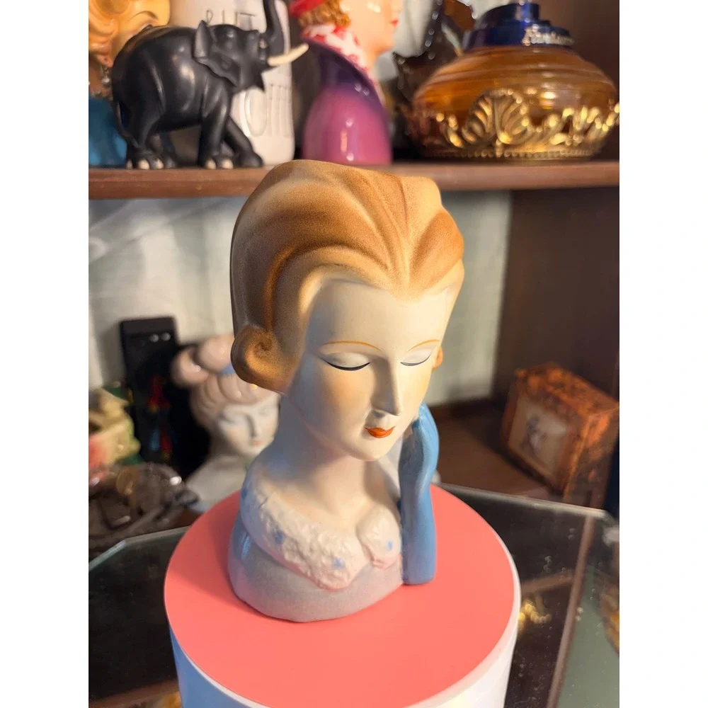 Vintage Mid Century Ceramic Lady Head Vase Blue Glove Blonde Hair 1950s Planter